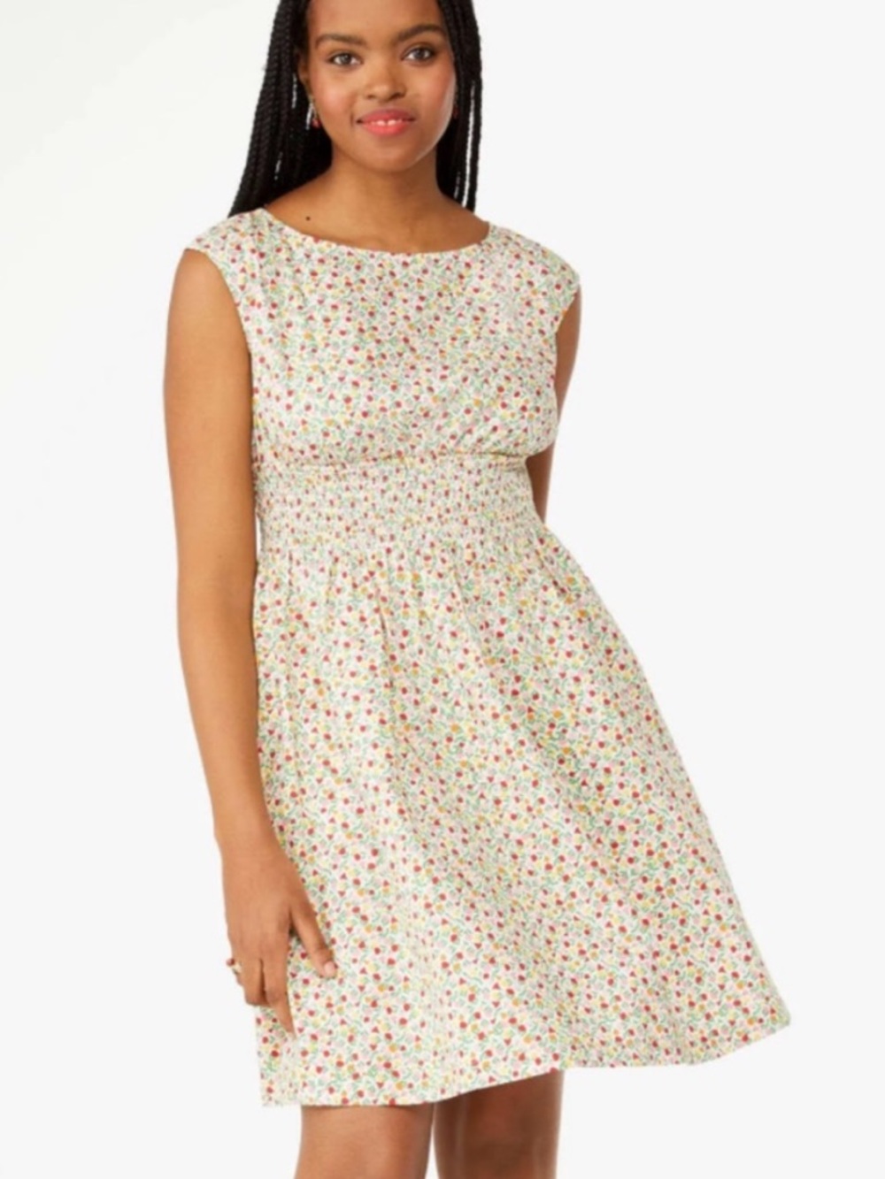 kate spade White Floral Cap-Sleeve Smocked Waist Mini Dress